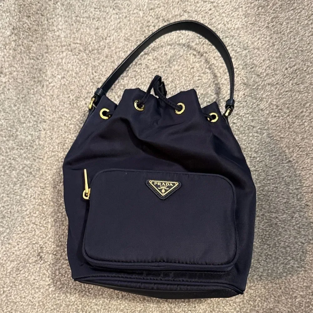 Prada Navy Blue Hobo Bag with Gold Accents